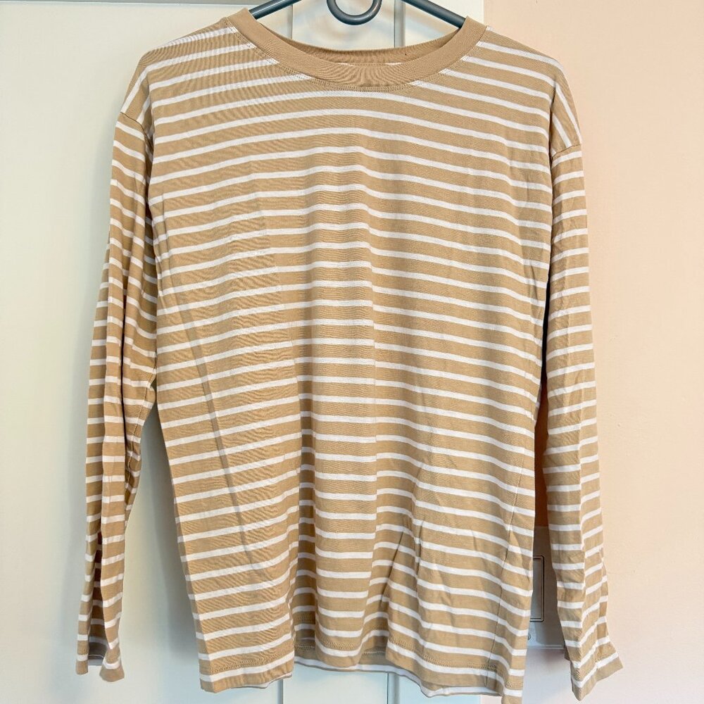 J.Crew Crew Neck Long Sleeve Tee White Tan Striped Size M 100% Cotton